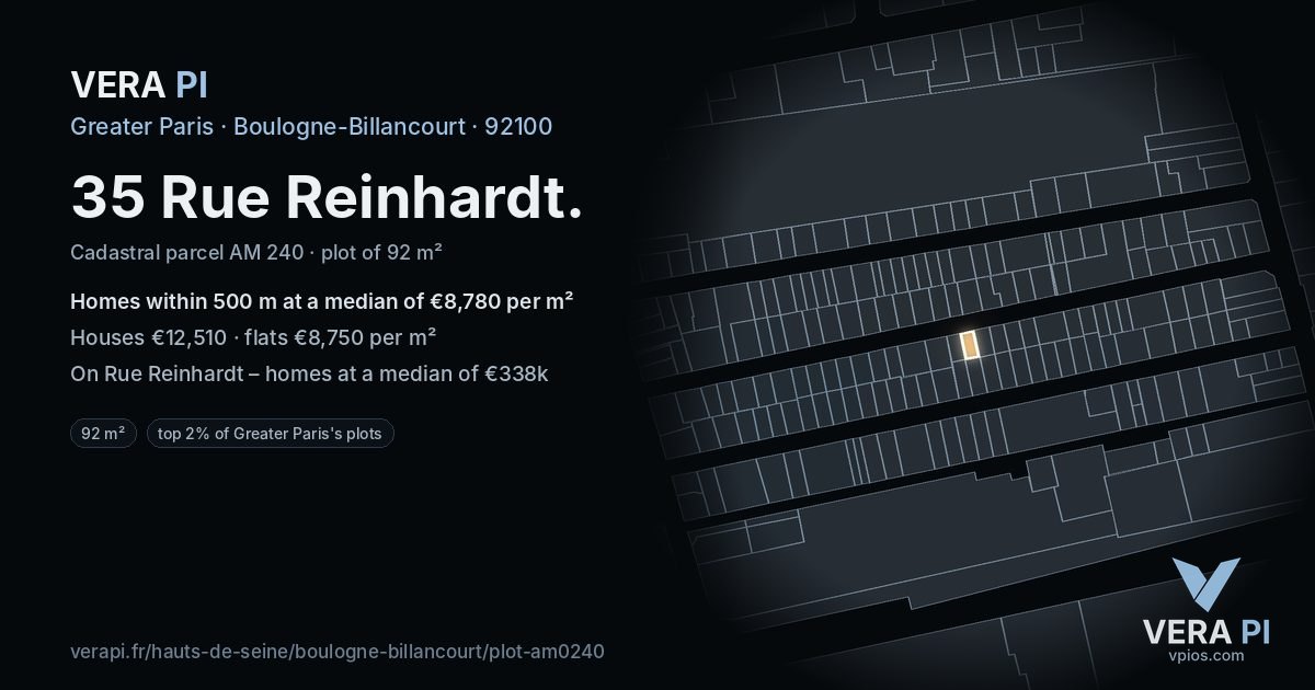 35 Rue Reinhardt, Boulogne-Billancourt at night – the plot lit, the parcels around coloured by the prices near them
