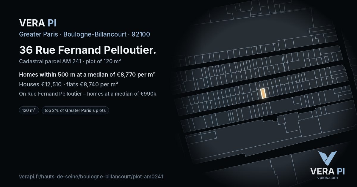36 Rue Fernand Pelloutier, Boulogne-Billancourt at night – the plot lit, the parcels around coloured by the prices near them