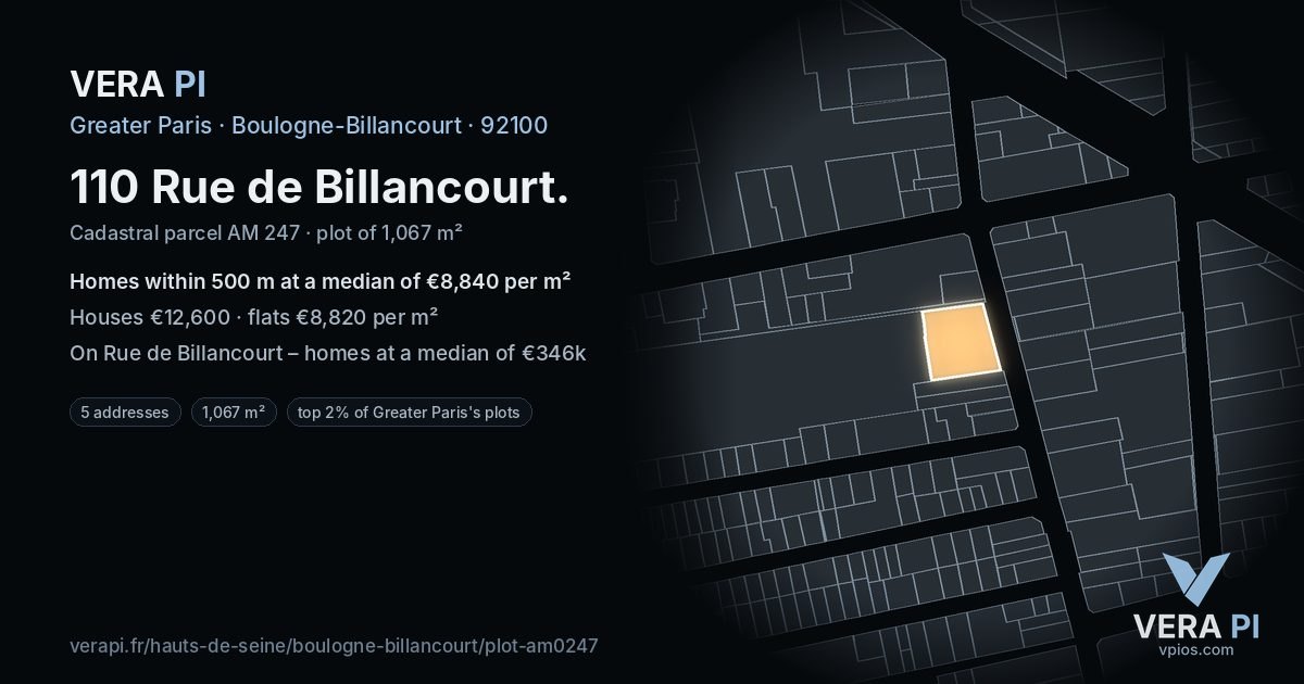 110 Rue de Billancourt, Boulogne-Billancourt at night – the plot lit, the parcels around coloured by the prices near them