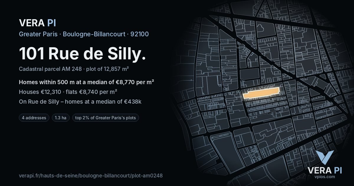 101 Rue de Silly, Boulogne-Billancourt at night – the plot lit, the parcels around coloured by the prices near them