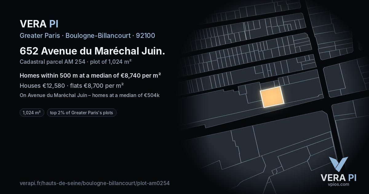 652 Avenue du Maréchal Juin, Boulogne-Billancourt at night – the plot lit, the parcels around coloured by the prices near them