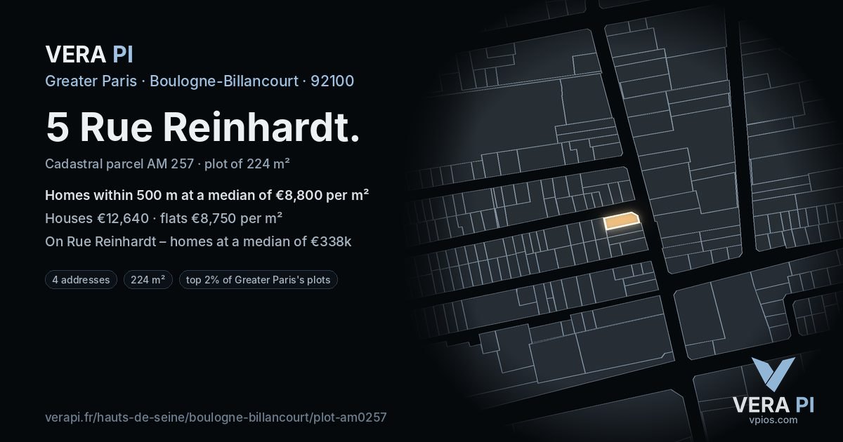 5 Rue Reinhardt, Boulogne-Billancourt at night – the plot lit, the parcels around coloured by the prices near them