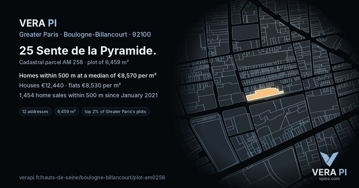 25 Sente de la Pyramide, Boulogne-Billancourt at night – the plot lit, the parcels around coloured by the prices near them