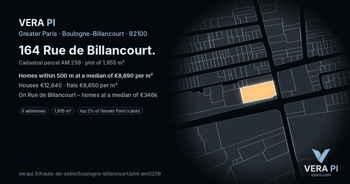 164 Rue de Billancourt, Boulogne-Billancourt at night – the plot lit, the parcels around coloured by the prices near them