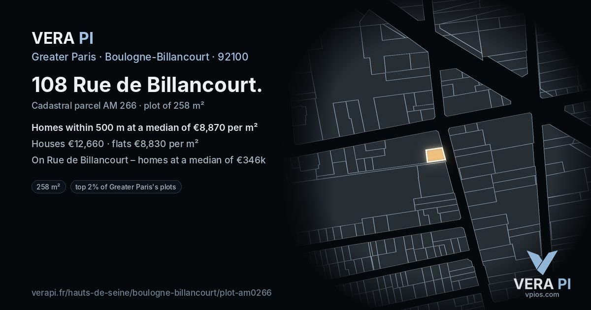 108 Rue de Billancourt, Boulogne-Billancourt at night – the plot lit, the parcels around coloured by the prices near them