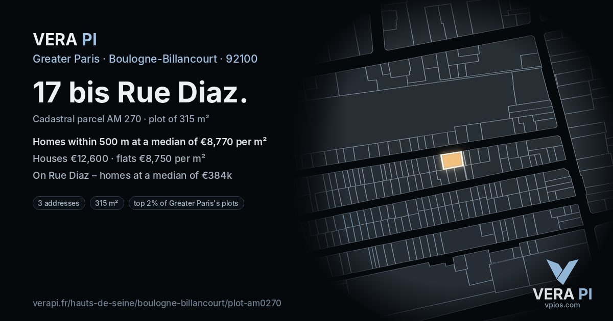 17 bis Rue Diaz, Boulogne-Billancourt at night – the plot lit, the parcels around coloured by the prices near them
