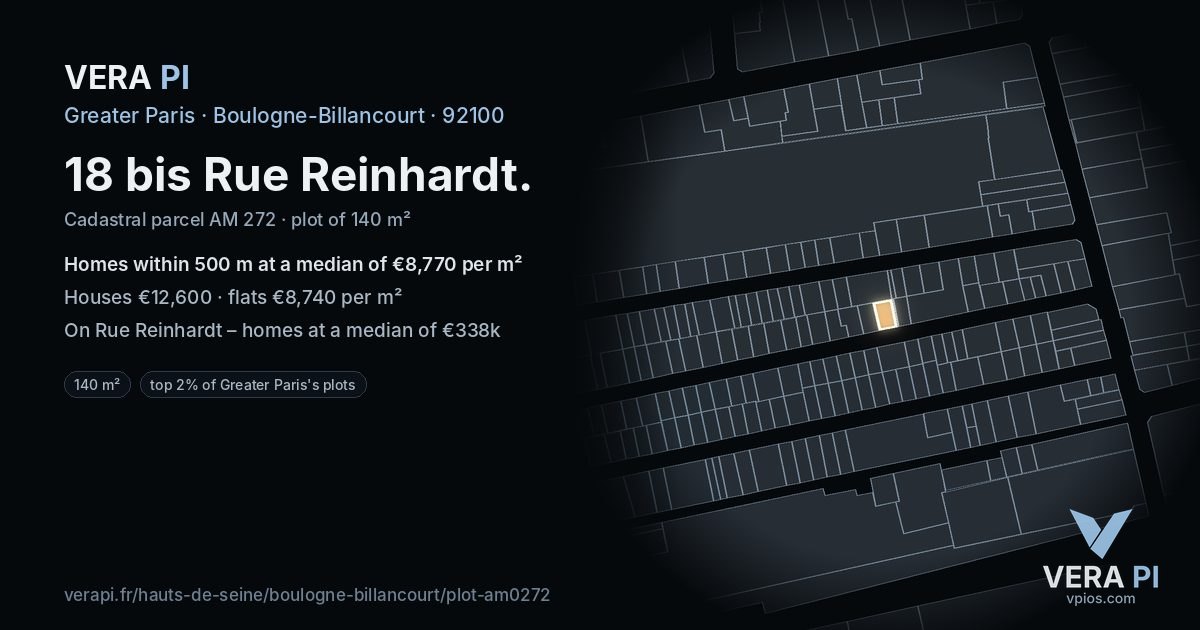 18 bis Rue Reinhardt, Boulogne-Billancourt at night – the plot lit, the parcels around coloured by the prices near them