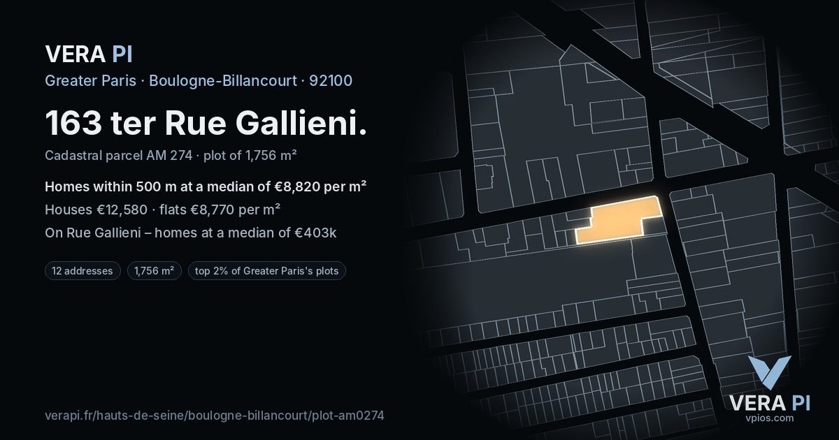 163 ter Rue Gallieni, Boulogne-Billancourt at night – the plot lit, the parcels around coloured by the prices near them