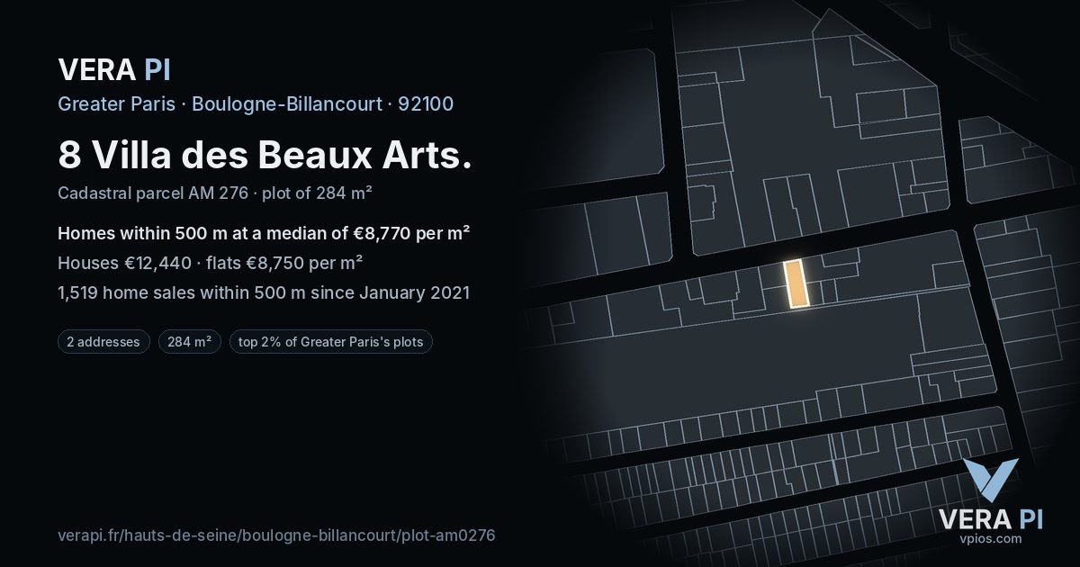 8 Villa des Beaux Arts, Boulogne-Billancourt at night – the plot lit, the parcels around coloured by the prices near them