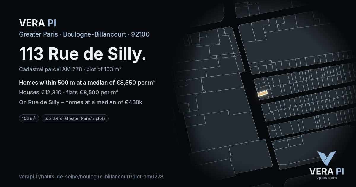 113 Rue de Silly, Boulogne-Billancourt at night – the plot lit, the parcels around coloured by the prices near them