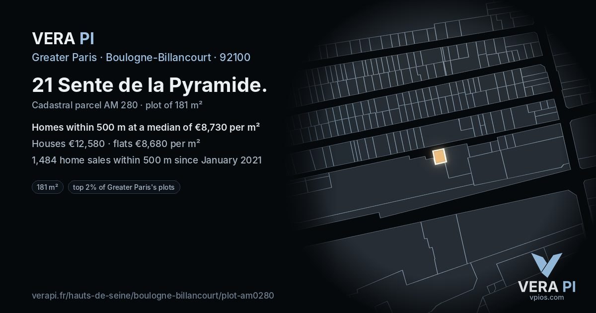 21 Sente de la Pyramide, Boulogne-Billancourt at night – the plot lit, the parcels around coloured by the prices near them