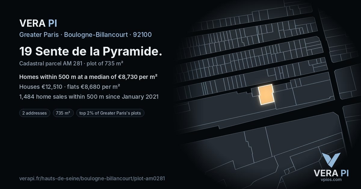 19 Sente de la Pyramide, Boulogne-Billancourt at night – the plot lit, the parcels around coloured by the prices near them