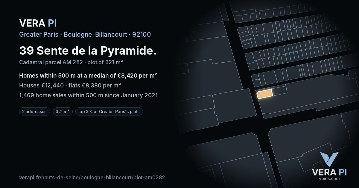 39 Sente de la Pyramide, Boulogne-Billancourt at night – the plot lit, the parcels around coloured by the prices near them