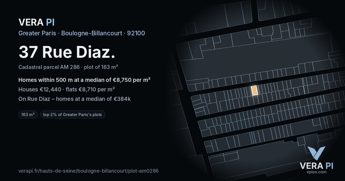 37 Rue Diaz, Boulogne-Billancourt at night – the plot lit, the parcels around coloured by the prices near them