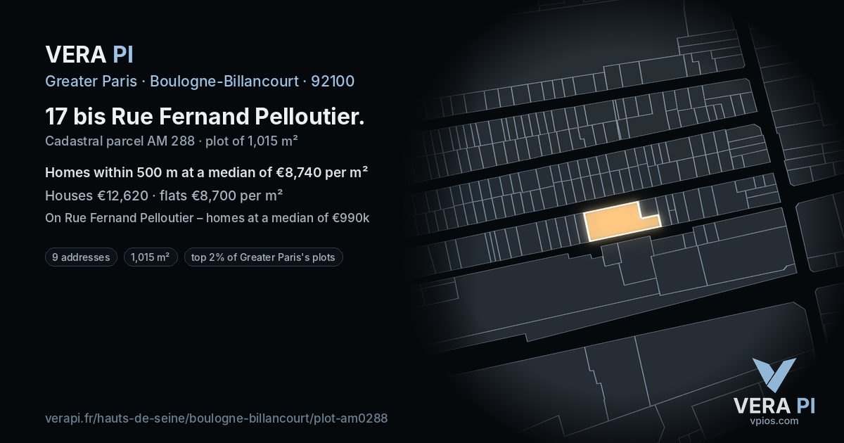 17 bis Rue Fernand Pelloutier, Boulogne-Billancourt at night – the plot lit, the parcels around coloured by the prices near them
