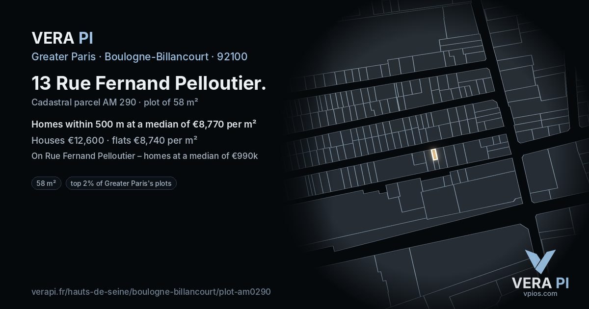 13 Rue Fernand Pelloutier, Boulogne-Billancourt at night – the plot lit, the parcels around coloured by the prices near them