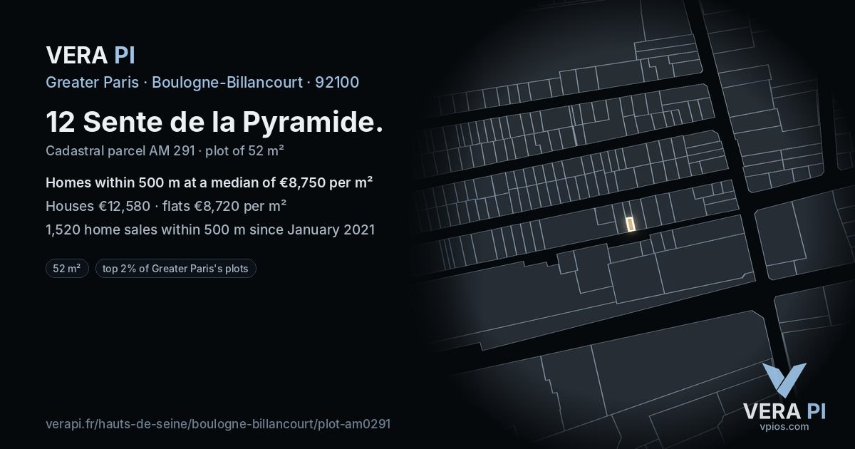 12 Sente de la Pyramide, Boulogne-Billancourt at night – the plot lit, the parcels around coloured by the prices near them
