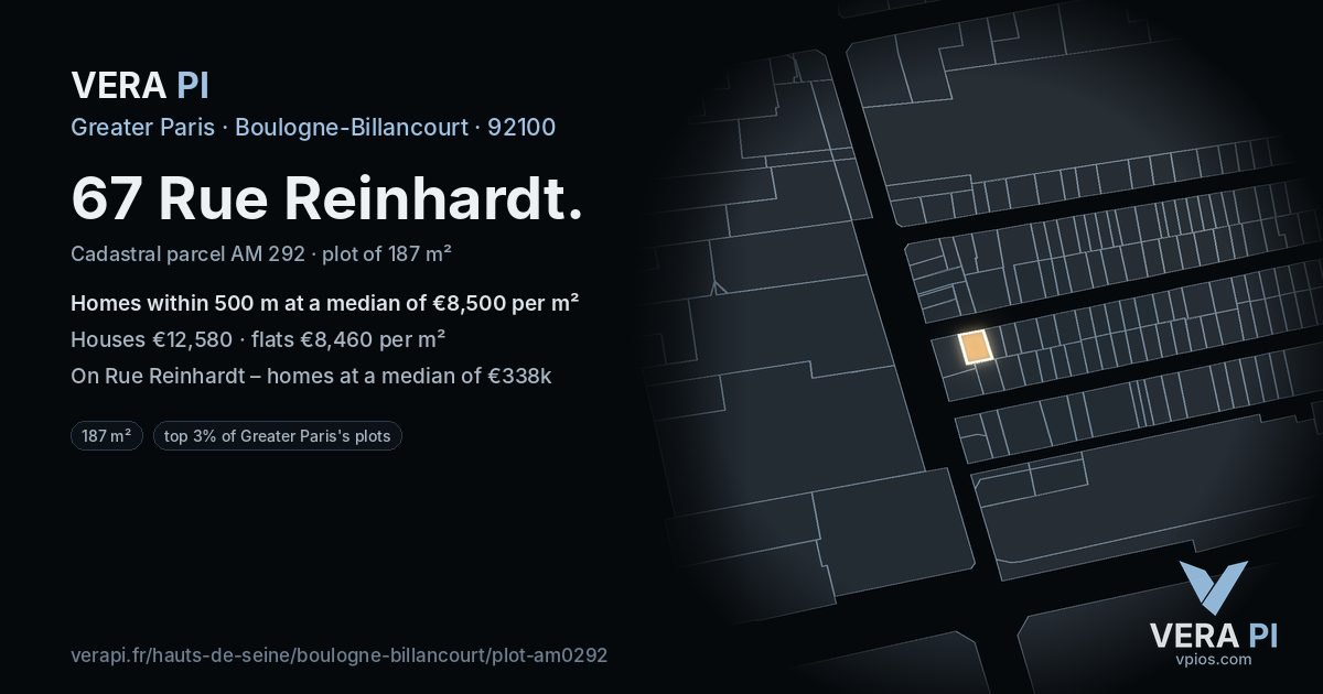 67 Rue Reinhardt, Boulogne-Billancourt at night – the plot lit, the parcels around coloured by the prices near them