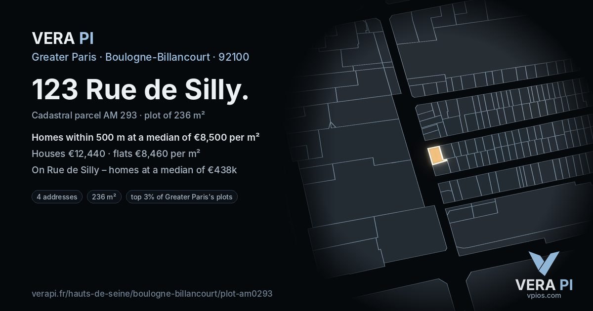 123 Rue de Silly, Boulogne-Billancourt at night – the plot lit, the parcels around coloured by the prices near them