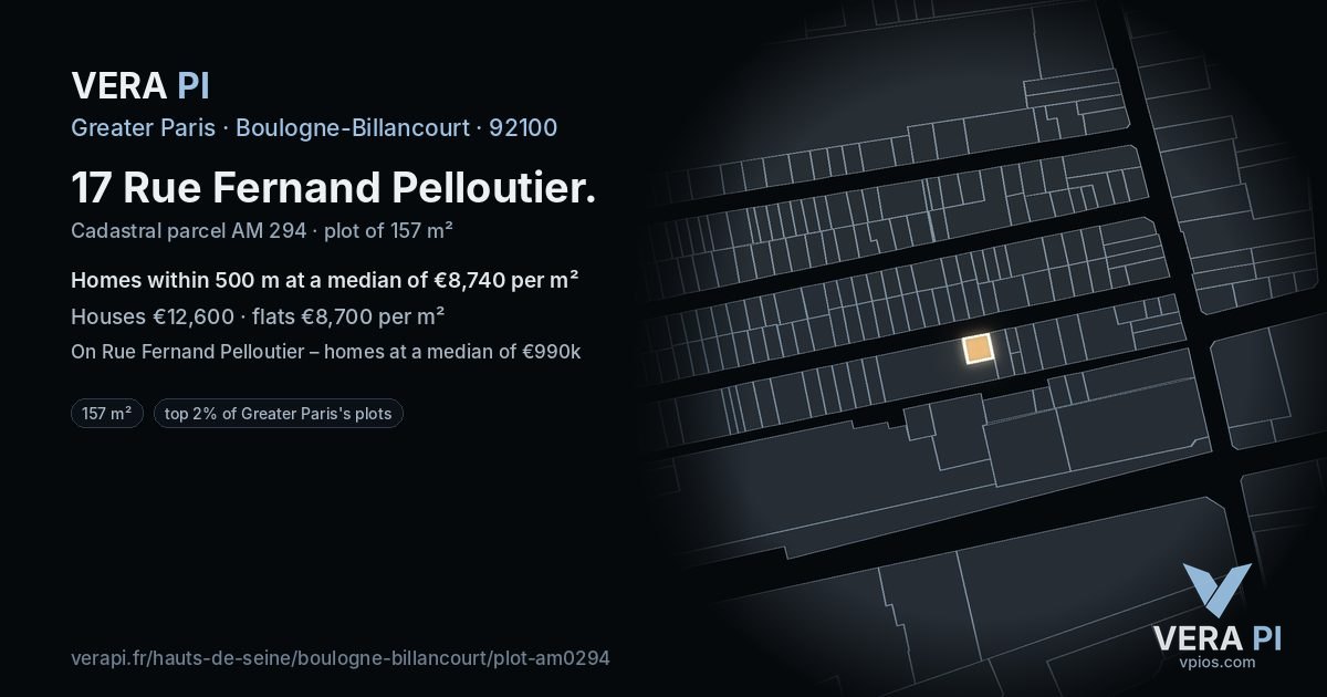 17 Rue Fernand Pelloutier, Boulogne-Billancourt at night – the plot lit, the parcels around coloured by the prices near them