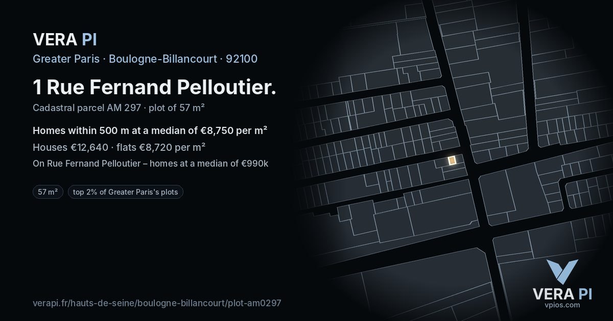 1 Rue Fernand Pelloutier, Boulogne-Billancourt at night – the plot lit, the parcels around coloured by the prices near them