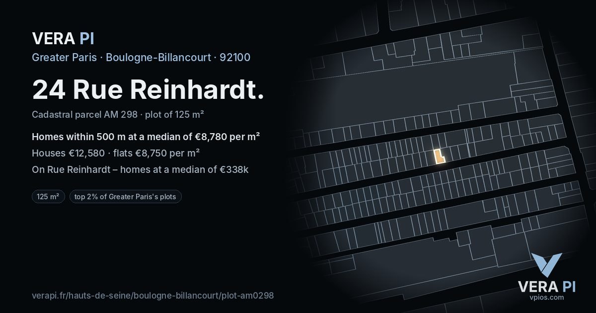 24 Rue Reinhardt, Boulogne-Billancourt at night – the plot lit, the parcels around coloured by the prices near them