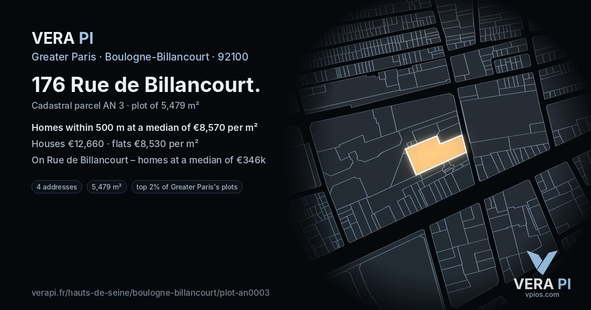 176 Rue de Billancourt, Boulogne-Billancourt at night – the plot lit, the parcels around coloured by the prices near them