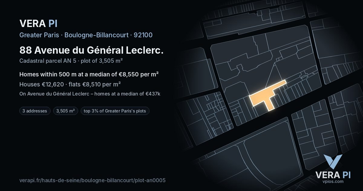 88 Avenue du Général Leclerc, Boulogne-Billancourt at night – the plot lit, the parcels around coloured by the prices near them