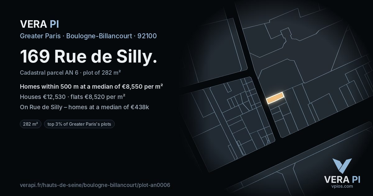 169 Rue de Silly, Boulogne-Billancourt at night – the plot lit, the parcels around coloured by the prices near them