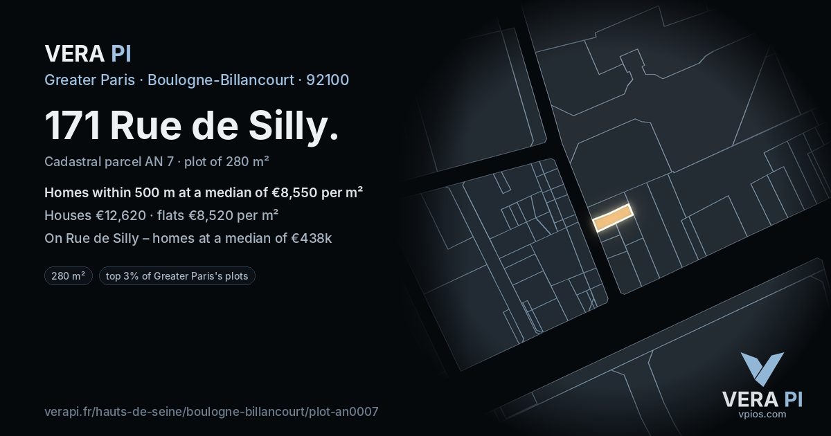 171 Rue de Silly, Boulogne-Billancourt at night – the plot lit, the parcels around coloured by the prices near them