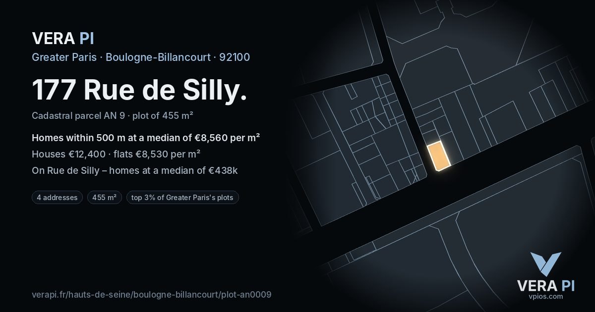 177 Rue de Silly, Boulogne-Billancourt at night – the plot lit, the parcels around coloured by the prices near them