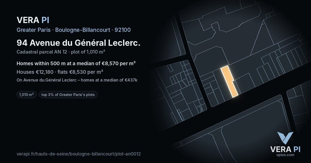 94 Avenue du Général Leclerc, Boulogne-Billancourt at night – the plot lit, the parcels around coloured by the prices near them