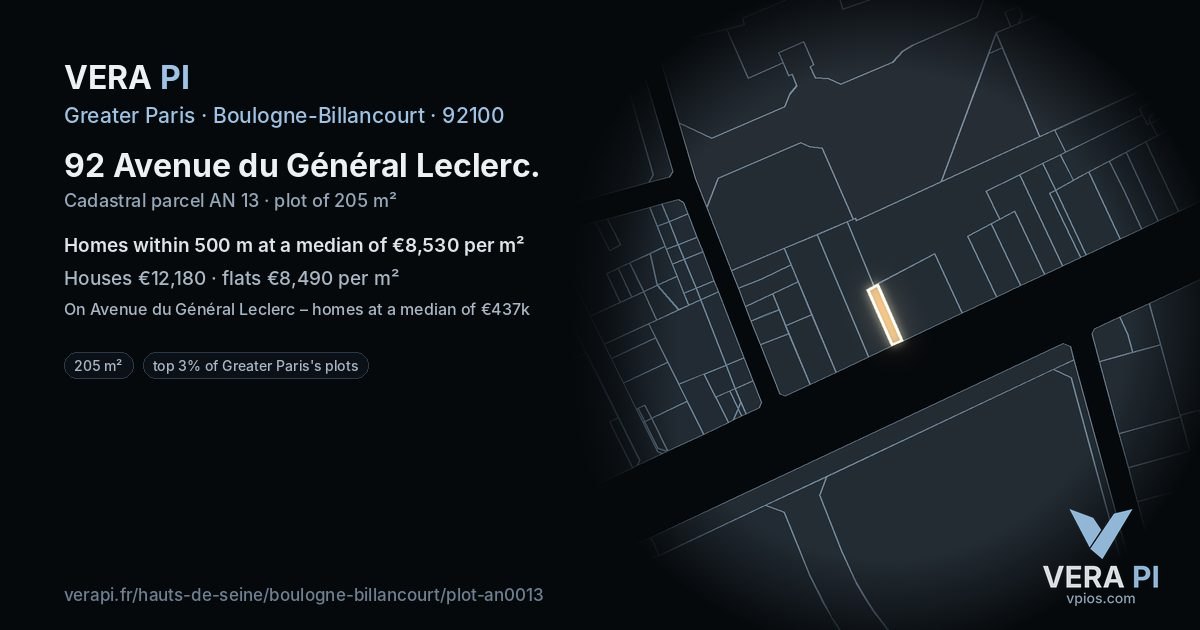 92 Avenue du Général Leclerc, Boulogne-Billancourt at night – the plot lit, the parcels around coloured by the prices near them