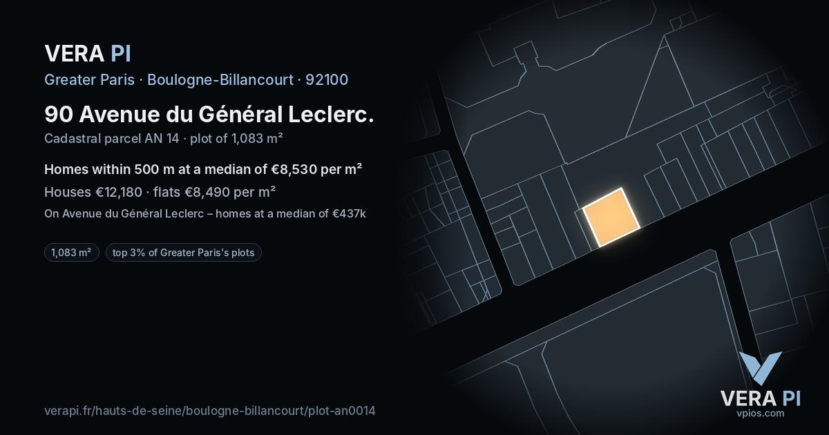 90 Avenue du Général Leclerc, Boulogne-Billancourt at night – the plot lit, the parcels around coloured by the prices near them