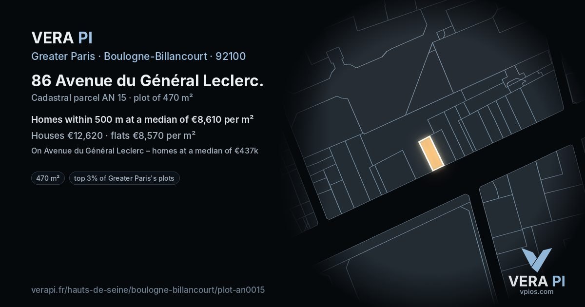 86 Avenue du Général Leclerc, Boulogne-Billancourt at night – the plot lit, the parcels around coloured by the prices near them