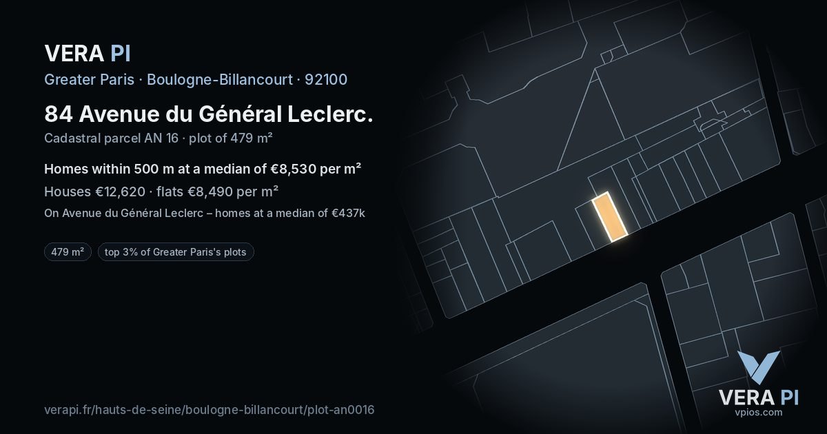 84 Avenue du Général Leclerc, Boulogne-Billancourt at night – the plot lit, the parcels around coloured by the prices near them