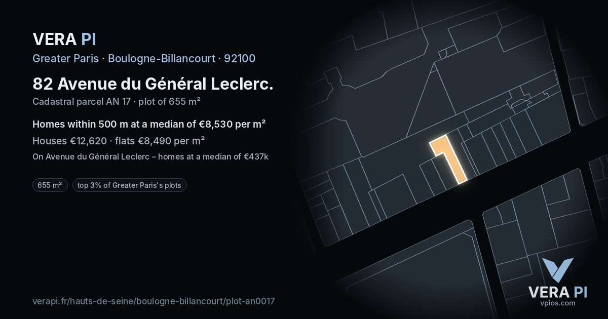 82 Avenue du Général Leclerc, Boulogne-Billancourt at night – the plot lit, the parcels around coloured by the prices near them