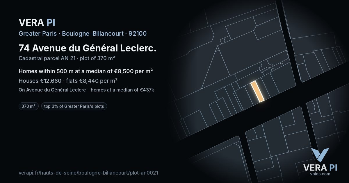 74 Avenue du Général Leclerc, Boulogne-Billancourt at night – the plot lit, the parcels around coloured by the prices near them