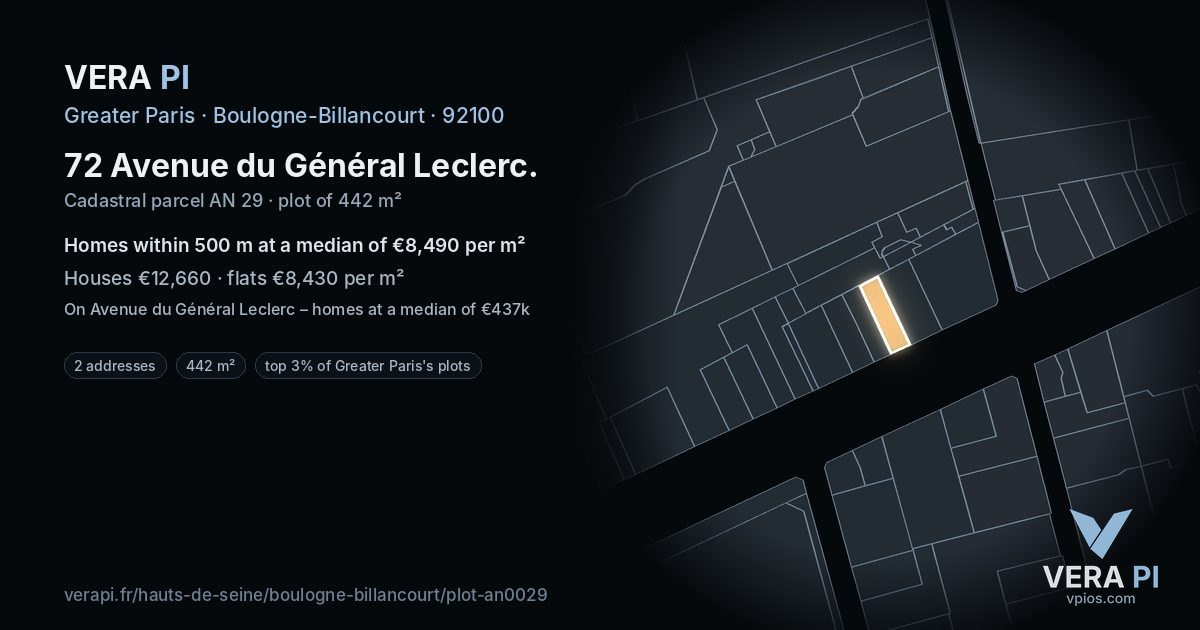 72 Avenue du Général Leclerc, Boulogne-Billancourt at night – the plot lit, the parcels around coloured by the prices near them