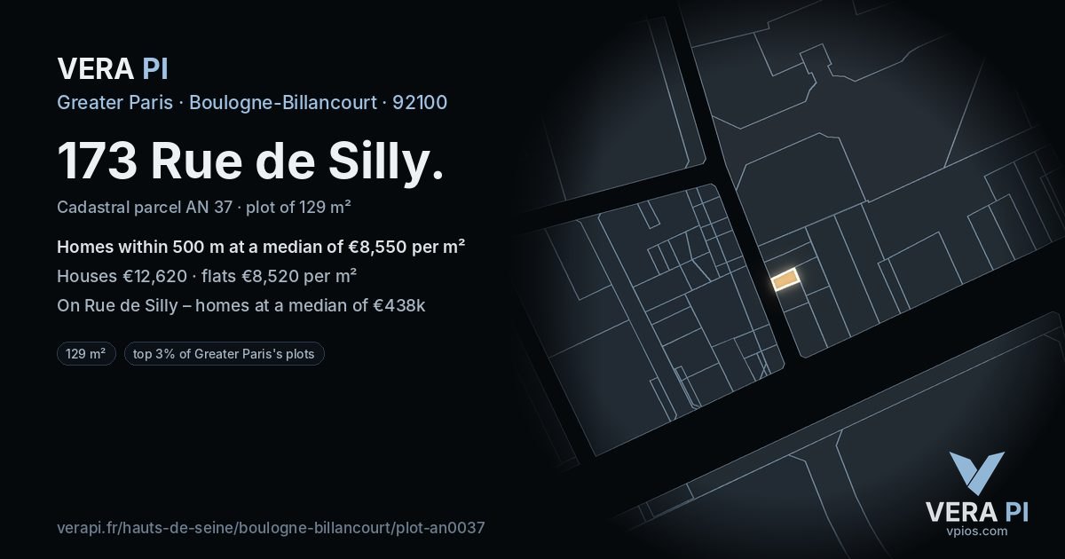 173 Rue de Silly, Boulogne-Billancourt at night – the plot lit, the parcels around coloured by the prices near them