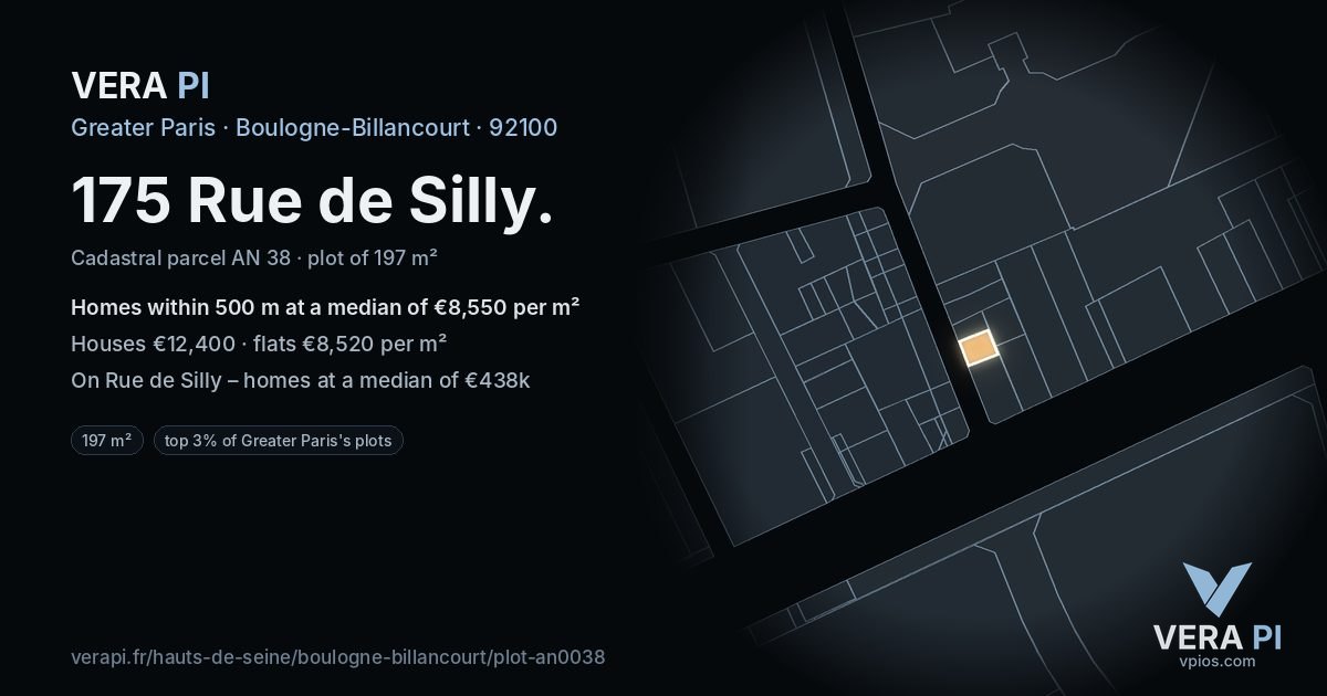 175 Rue de Silly, Boulogne-Billancourt at night – the plot lit, the parcels around coloured by the prices near them