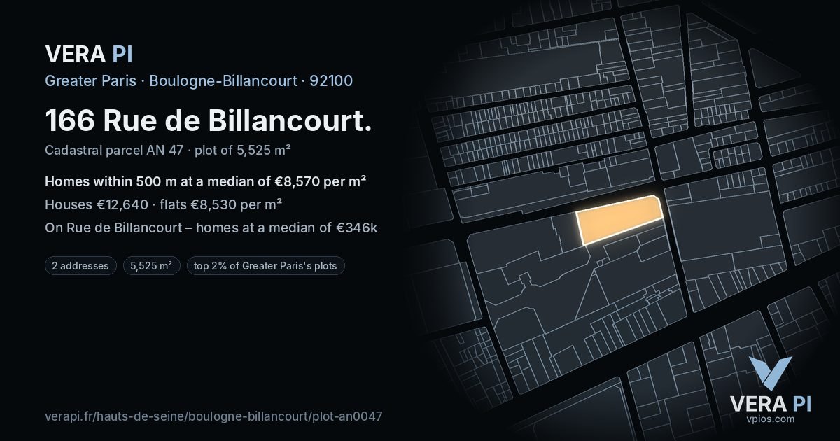 166 Rue de Billancourt, Boulogne-Billancourt at night – the plot lit, the parcels around coloured by the prices near them