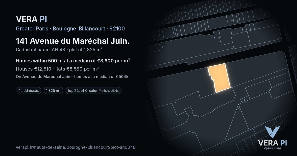 141 Avenue du Maréchal Juin, Boulogne-Billancourt at night – the plot lit, the parcels around coloured by the prices near them