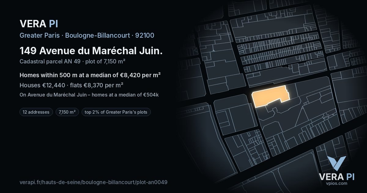 149 Avenue du Maréchal Juin, Boulogne-Billancourt at night – the plot lit, the parcels around coloured by the prices near them