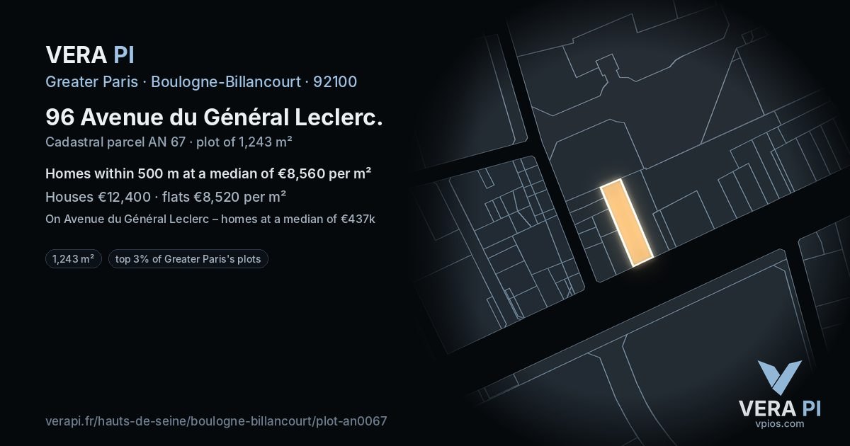 96 Avenue du Général Leclerc, Boulogne-Billancourt at night – the plot lit, the parcels around coloured by the prices near them