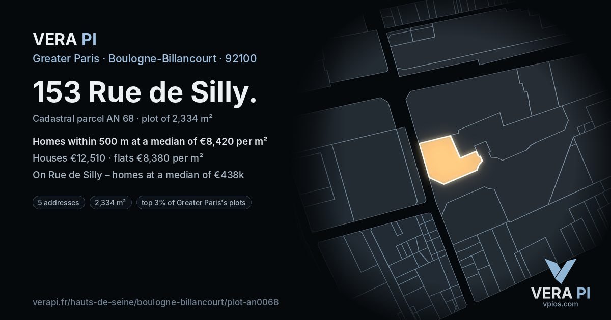 153 Rue de Silly, Boulogne-Billancourt at night – the plot lit, the parcels around coloured by the prices near them
