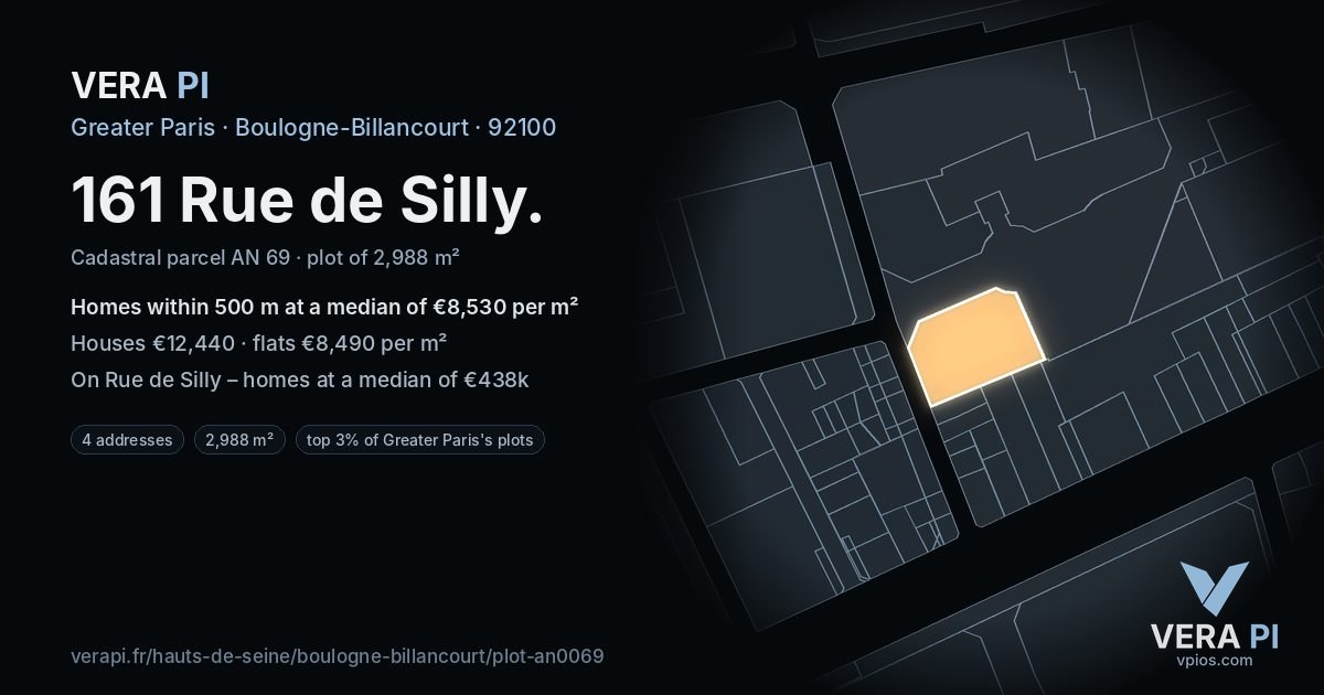 161 Rue de Silly, Boulogne-Billancourt at night – the plot lit, the parcels around coloured by the prices near them
