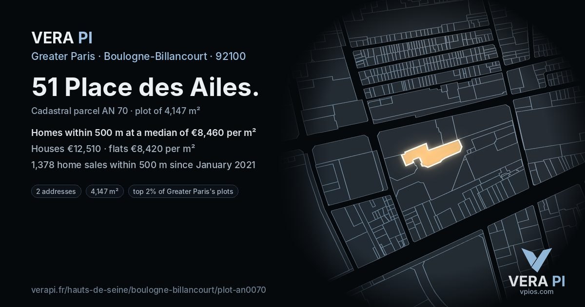 51 Place des Ailes, Boulogne-Billancourt at night – the plot lit, the parcels around coloured by the prices near them