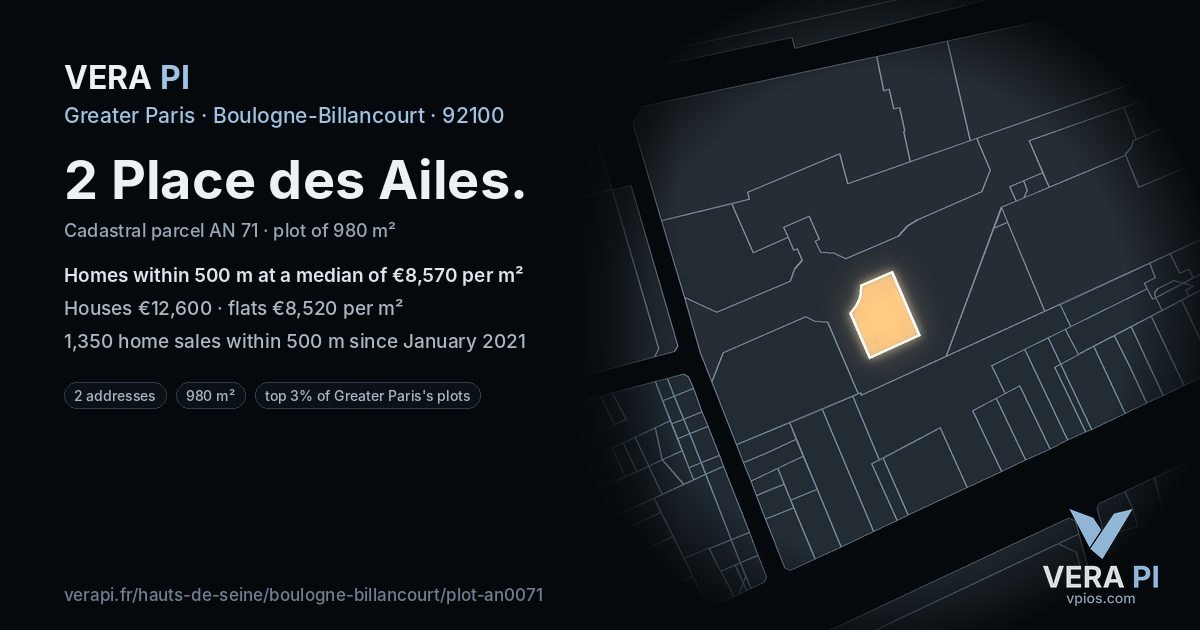 2 Place des Ailes, Boulogne-Billancourt at night – the plot lit, the parcels around coloured by the prices near them