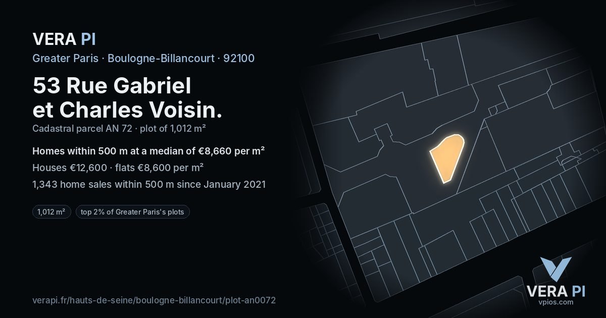 53 Rue Gabriel et Charles Voisin, Boulogne-Billancourt at night – the plot lit, the parcels around coloured by the prices near them